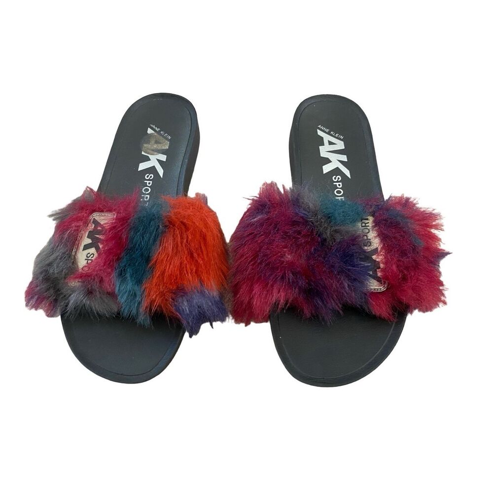 Anne Klein Sport Faux Fur Slides Beach Sandals Coastal Summer Lounge